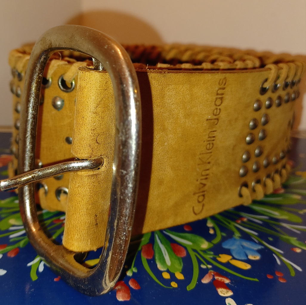 Calvin Klein Jeans Studded Mustard Yellow Leather Belt With Silver Buckle